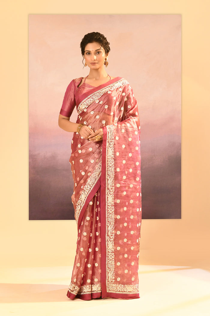 Rosewood Pink Tissue Embroidered Saree