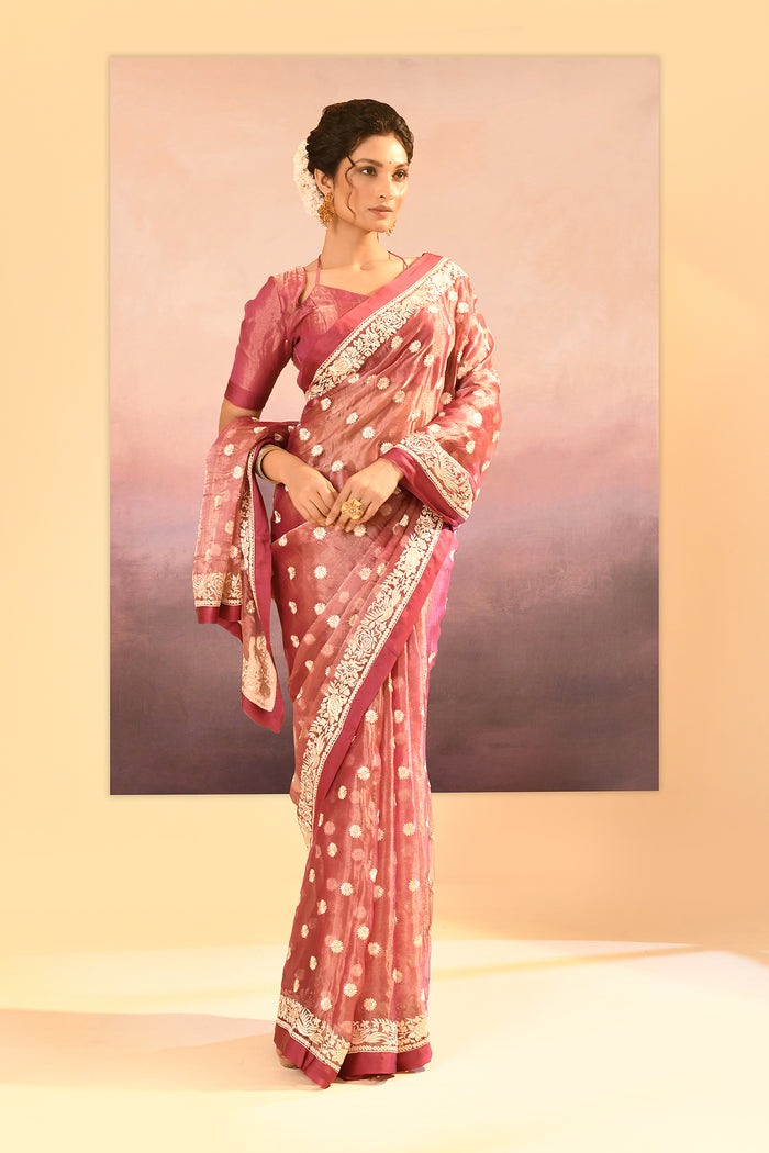 Rosewood Pink Tissue Embroidered Saree