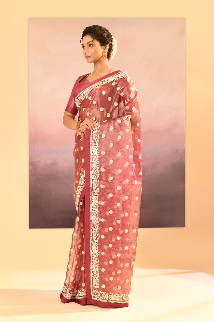 Rosewood Pink Tissue Embroidered Saree