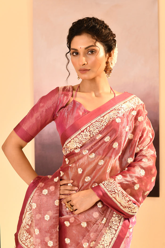 Rosewood Pink Tissue Embroidered Saree