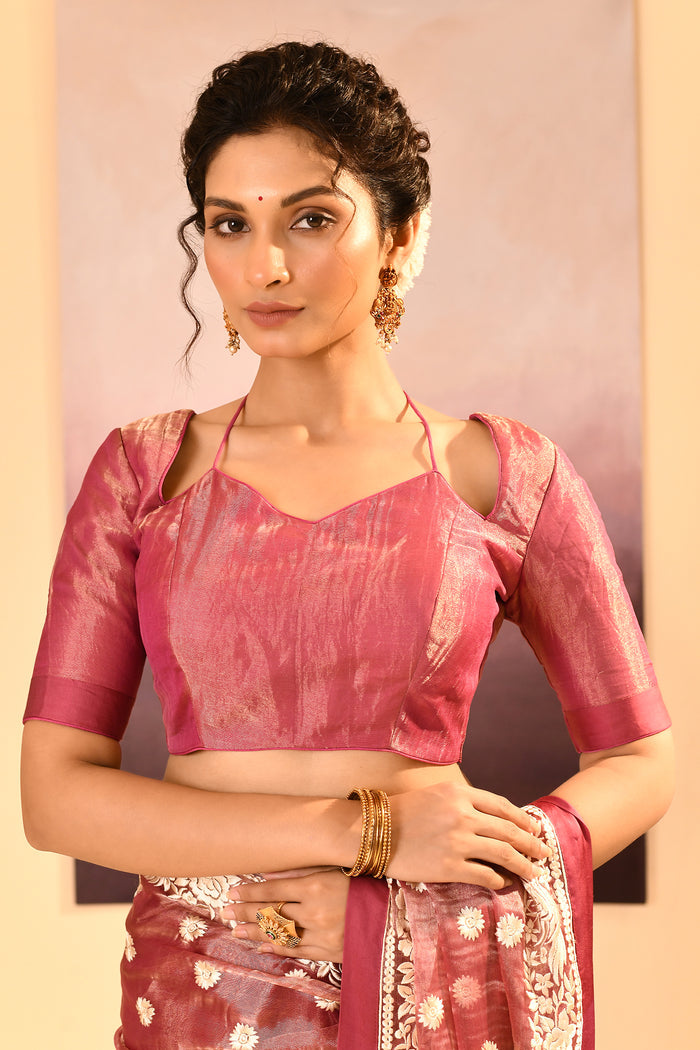 Rosewood Pink Tissue Embroidered Saree