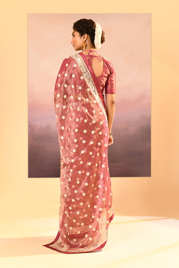 Rosewood Pink Tissue Embroidered Saree