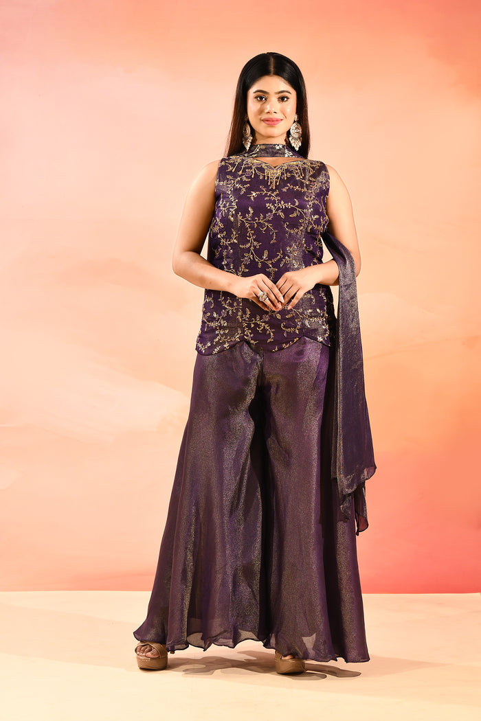 Royal Amethyst Embroidered Tissue Peplum Set