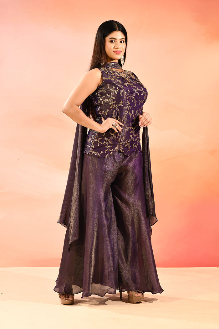 Royal Amethyst Embroidered Tissue Peplum Set