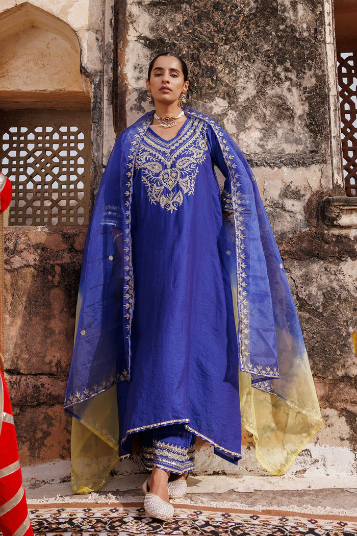 Royal Blue Chanderi Salwar Set With Paisley Embroidery