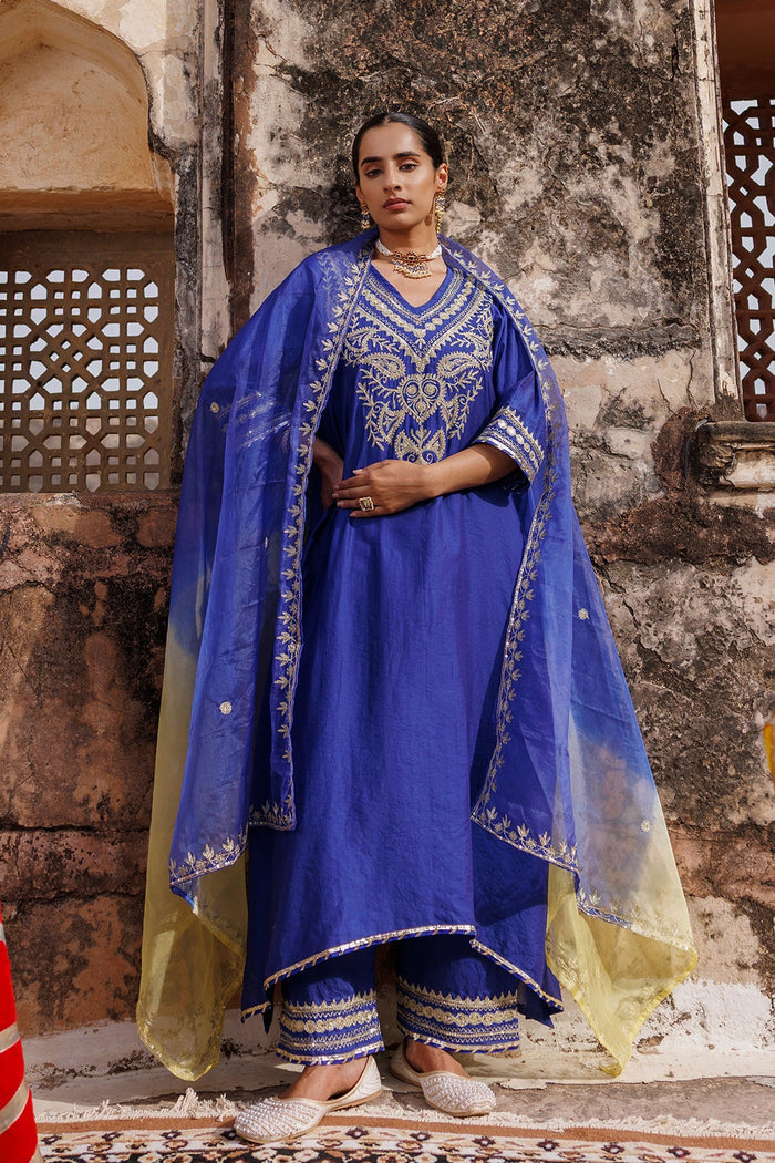 Royal Blue Chanderi Salwar Set With Paisley Embroidery