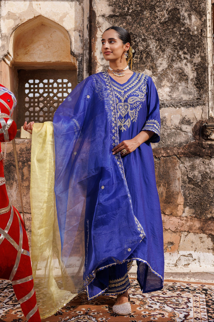 Royal Blue Chanderi Salwar Set With Paisley Embroidery