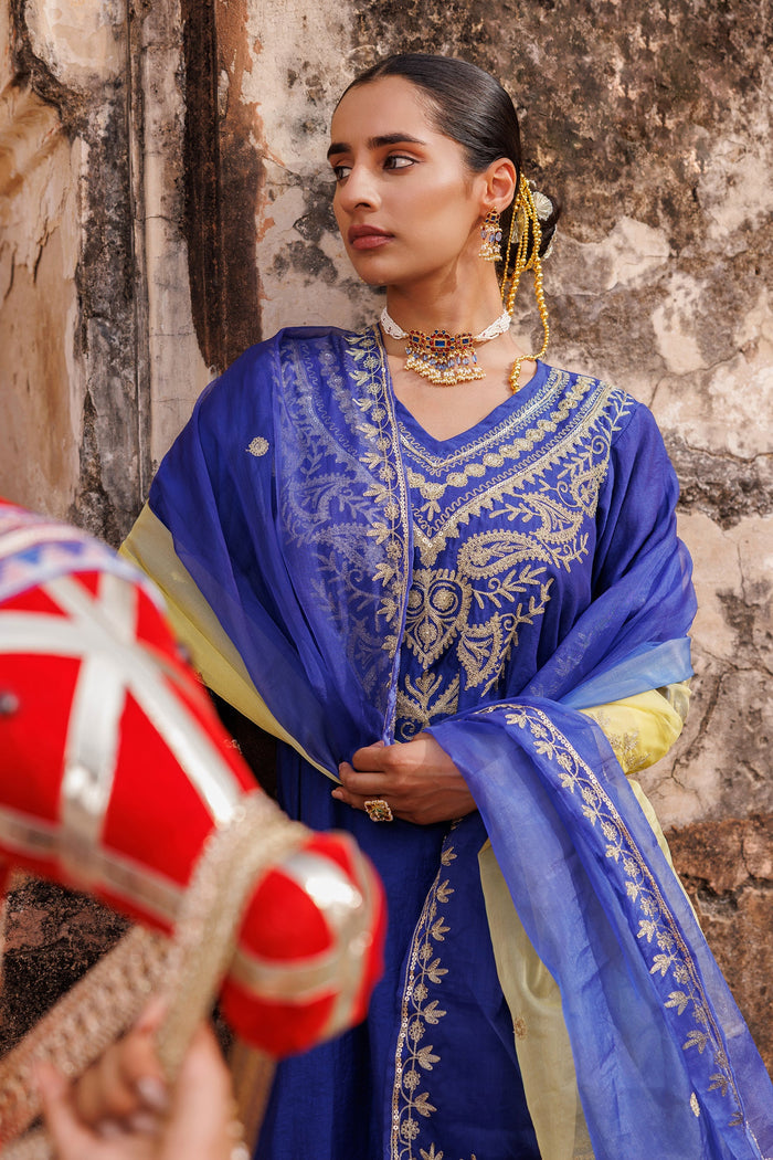 Royal Blue Chanderi Salwar Set With Paisley Embroidery