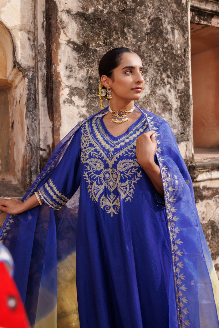 Royal Blue Chanderi Salwar Set With Paisley Embroidery