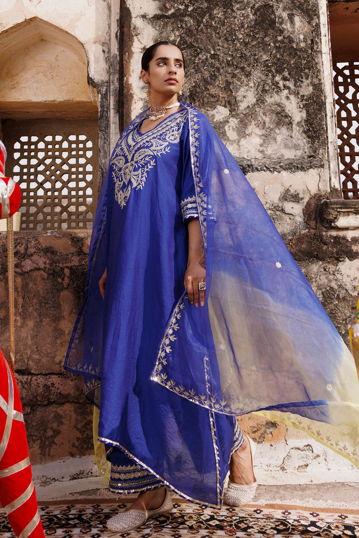 Royal Blue Chanderi Salwar Set With Paisley Embroidery