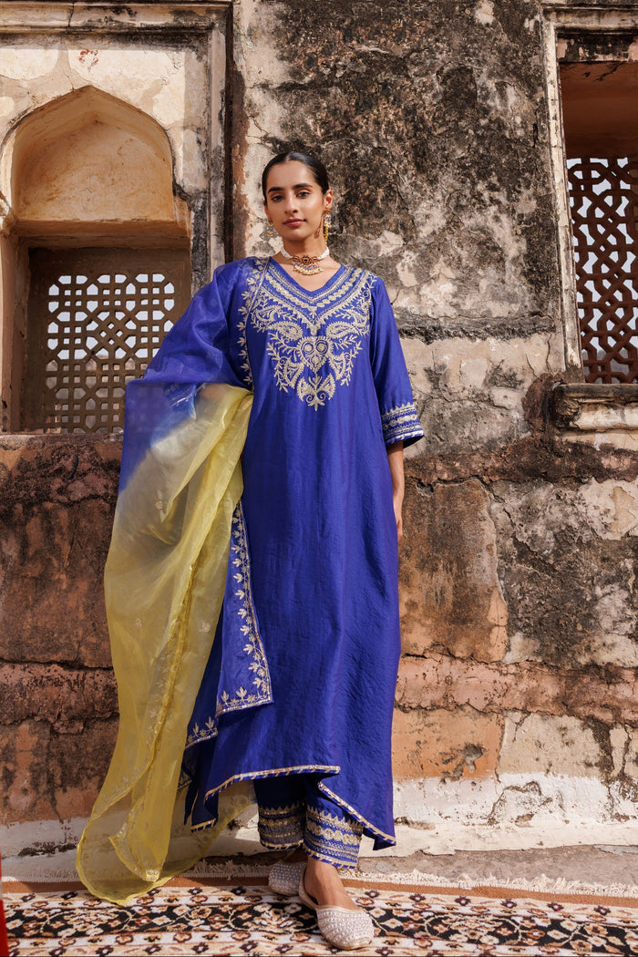 Royal Blue Chanderi Salwar Set With Paisley Embroidery