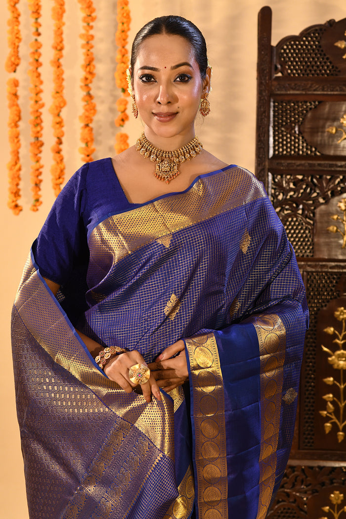 Royal Blue Checks With Butti Kanjivaram Silk Saree