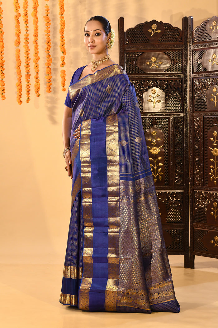 Royal Blue Checks With Butti Kanjivaram Silk Saree
