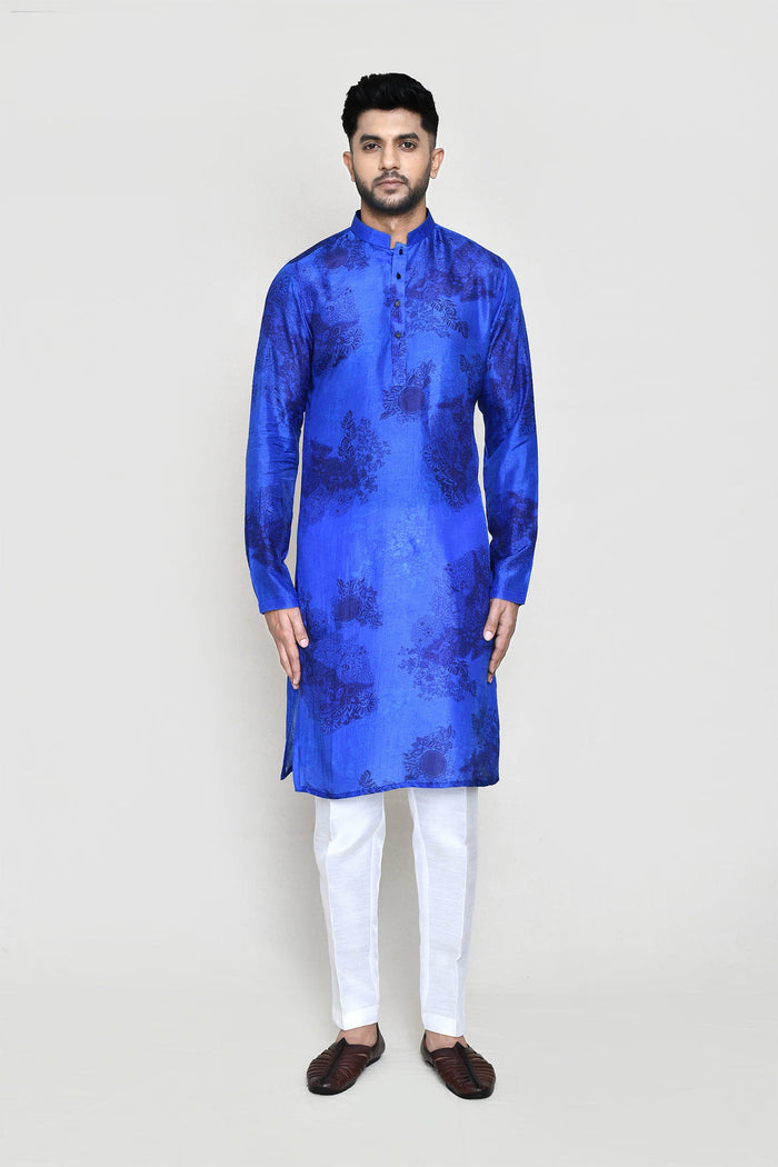 Royal Blue Cotton Silk Kurta Set With Floral Print