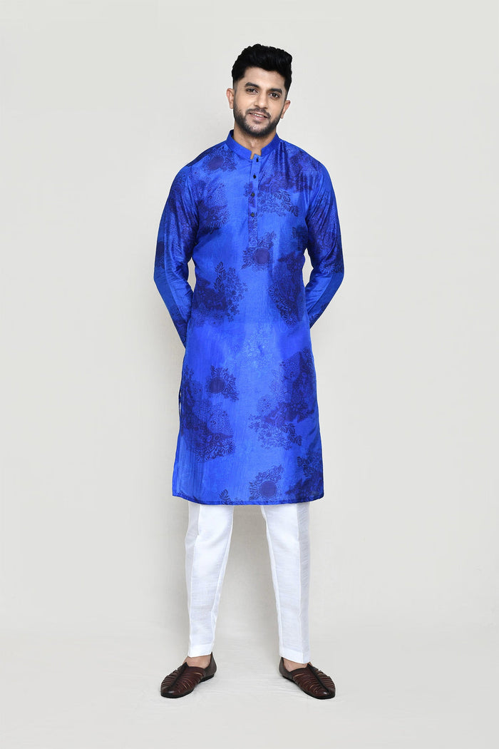 Royal Blue Cotton Silk Kurta Set With Floral Print