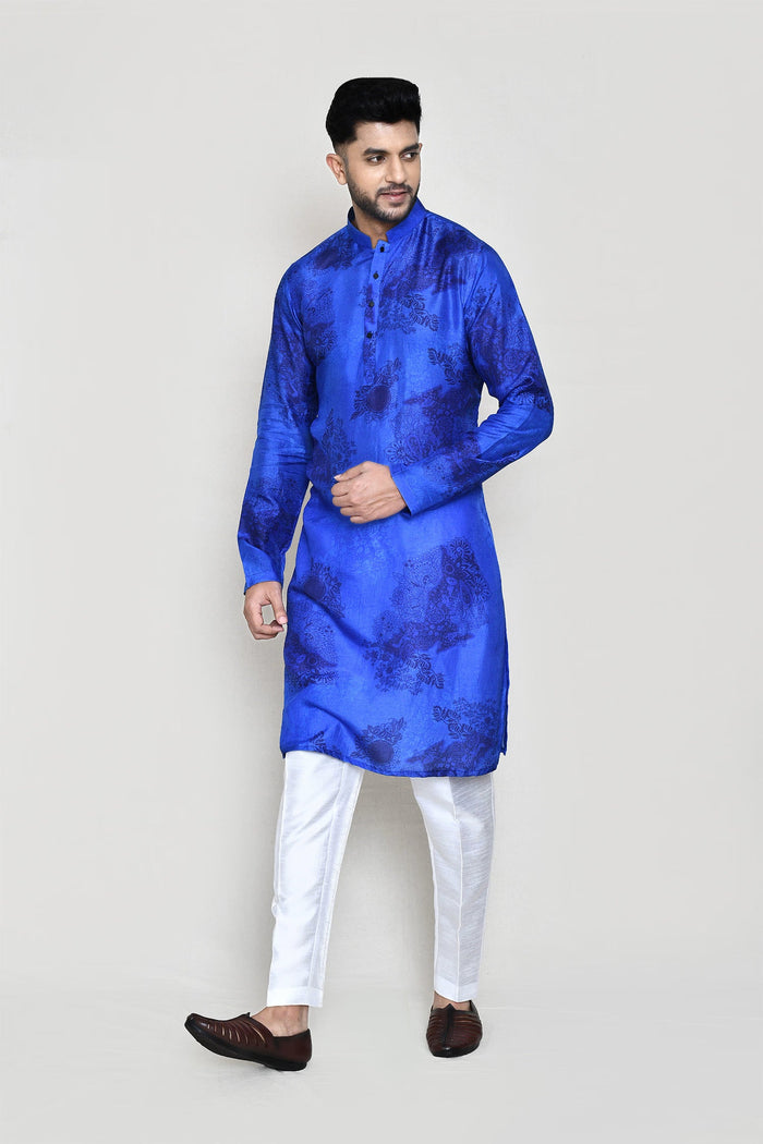 Royal Blue Cotton Silk Kurta Set With Floral Print