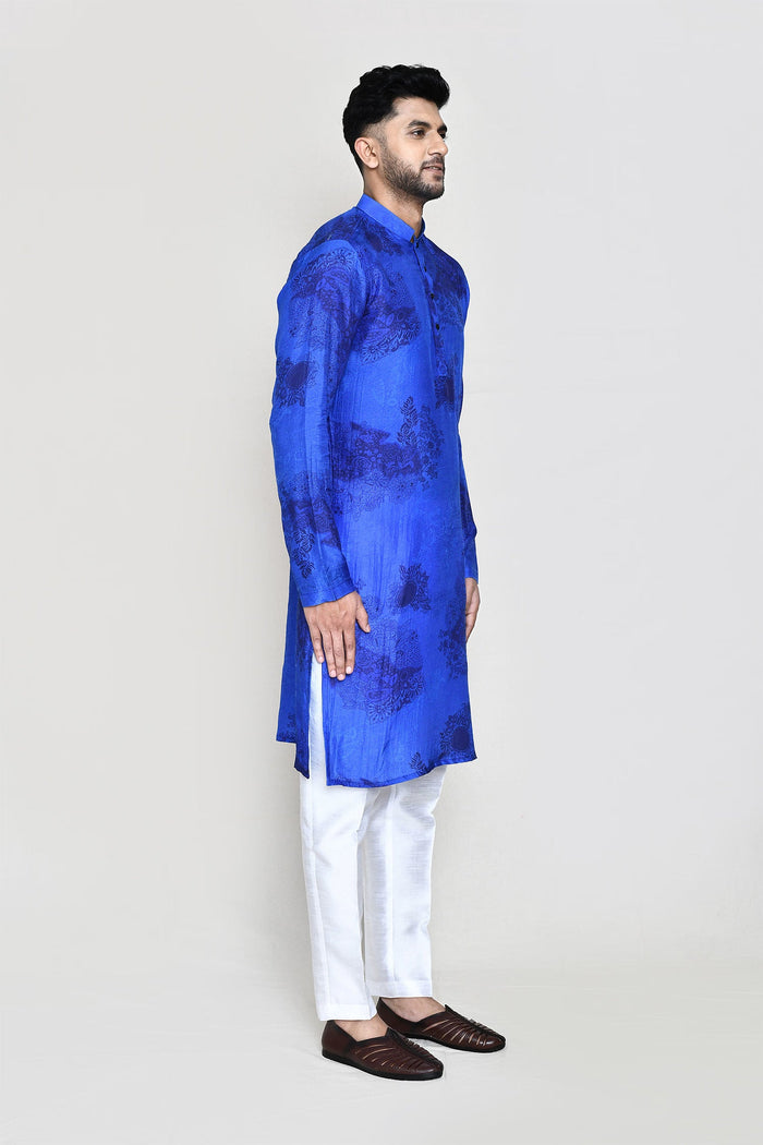 Royal Blue Cotton Silk Kurta Set With Floral Print