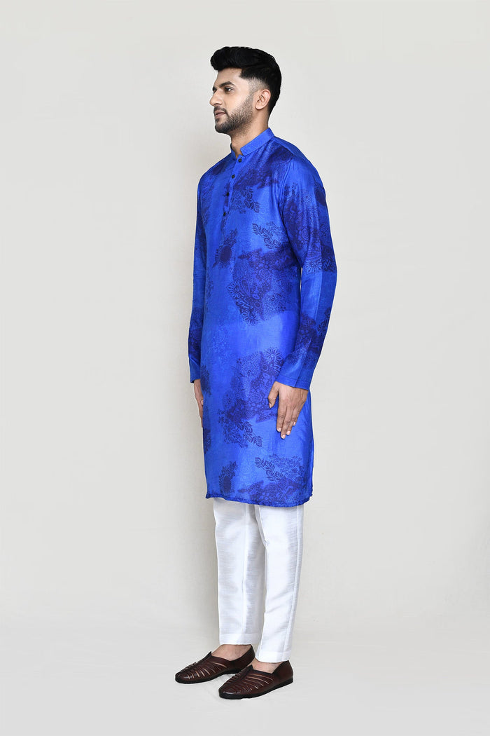 Royal Blue Cotton Silk Kurta Set With Floral Print