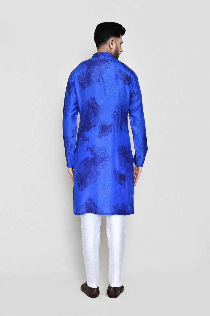 Royal Blue Cotton Silk Kurta Set With Floral Print