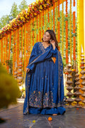 Royal Blue Floral Embroidered Silk Anarkali Set