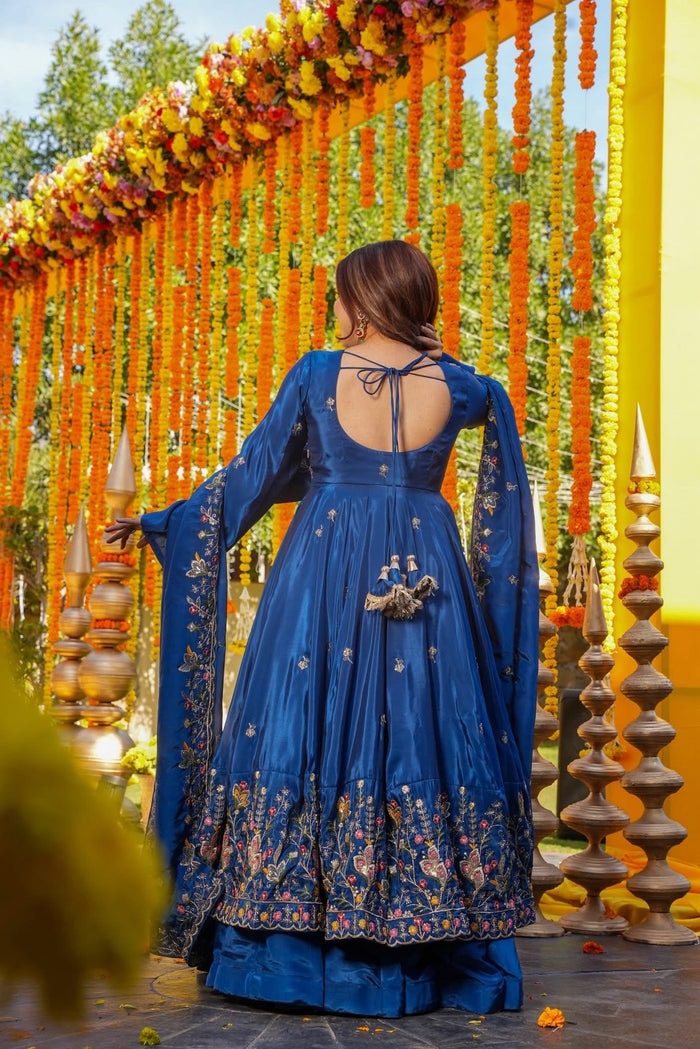 Royal Blue Floral Embroidered Silk Anarkali Set