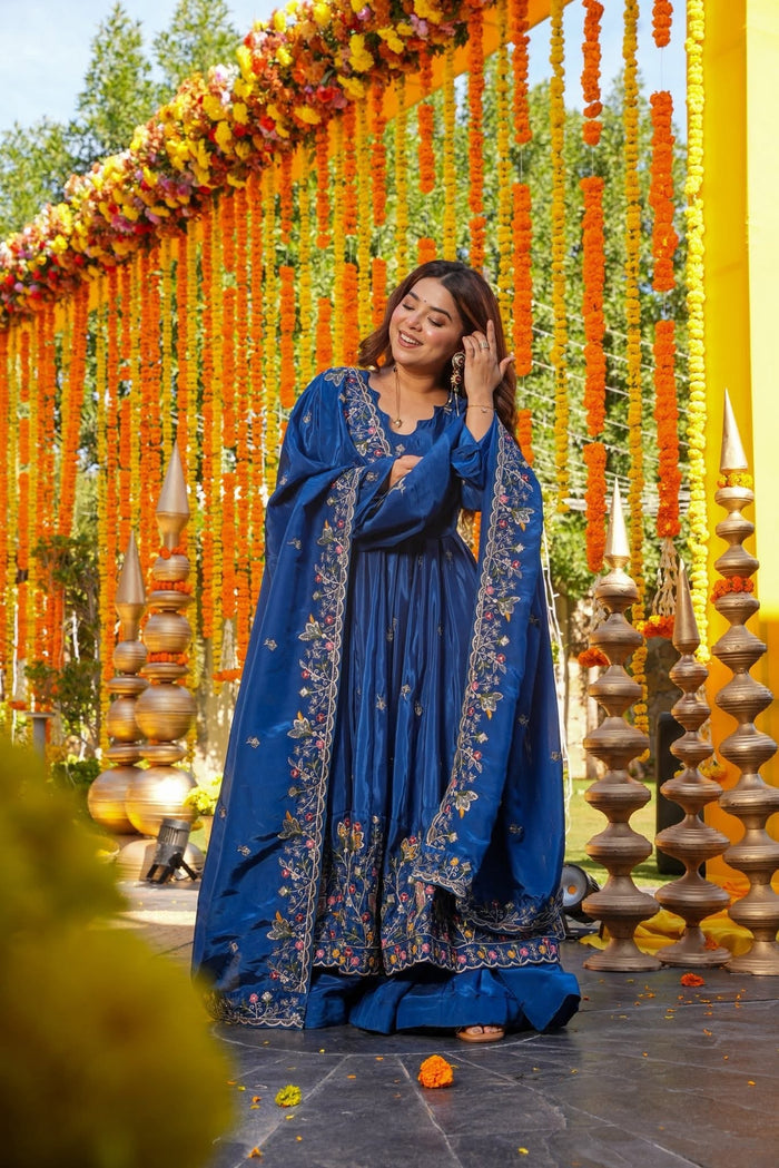 Royal Blue Floral Embroidered Silk Anarkali Set