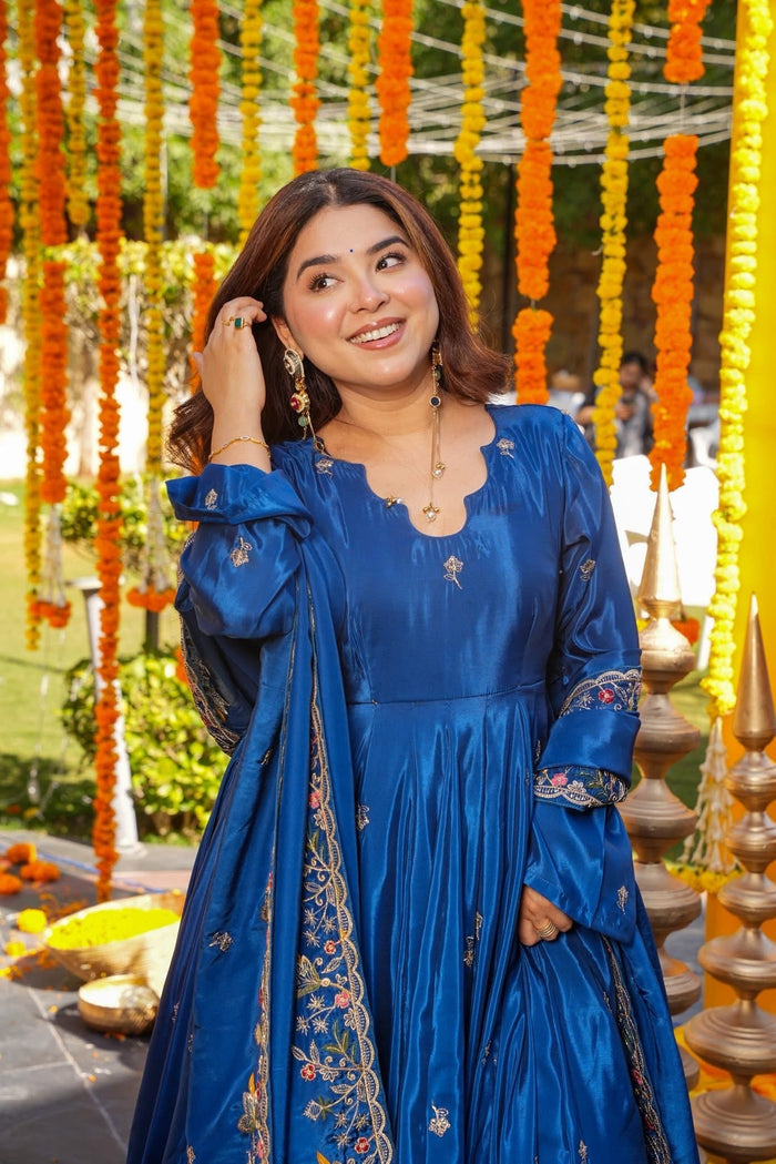 Royal Blue Floral Embroidered Silk Anarkali Set
