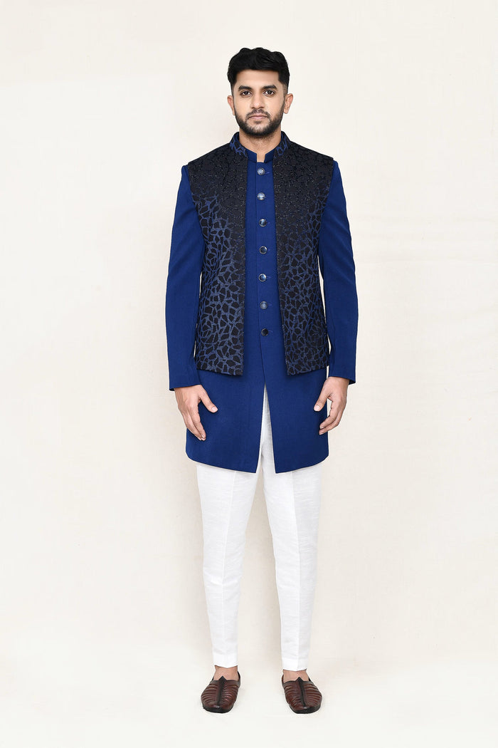 Royal Blue Jacquard Suit Set With Rayon Jacket