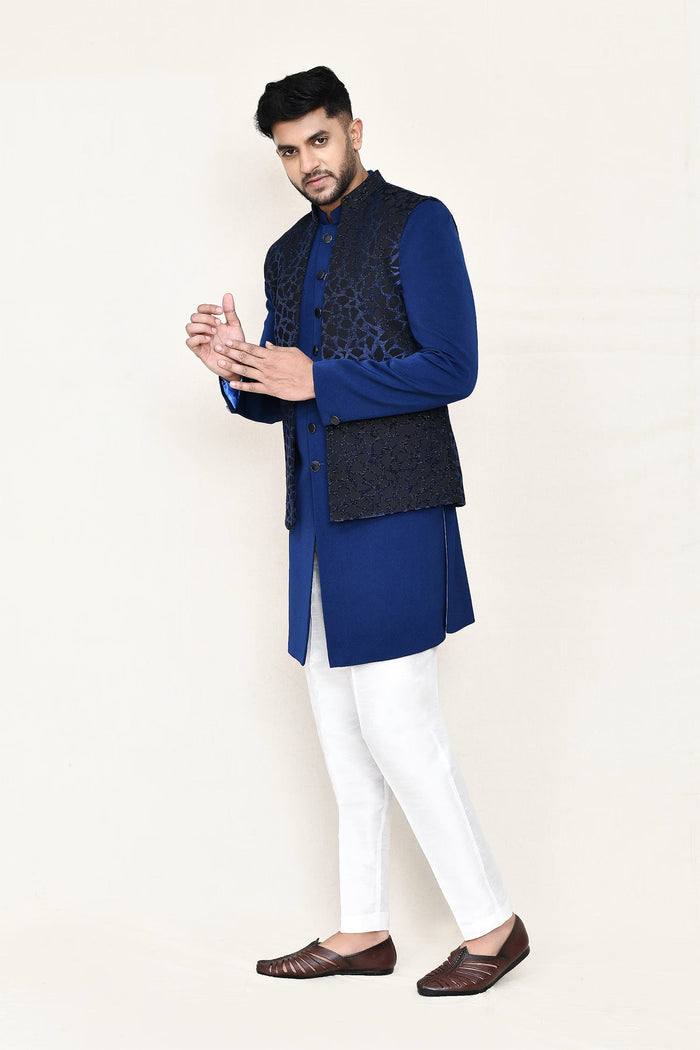 Royal Blue Jacquard Suit Set With Rayon Jacket