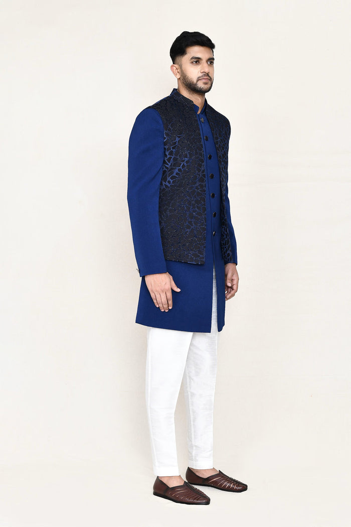 Royal Blue Jacquard Suit Set With Rayon Jacket