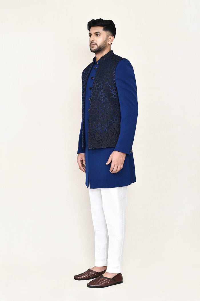 Royal Blue Jacquard Suit Set With Rayon Jacket
