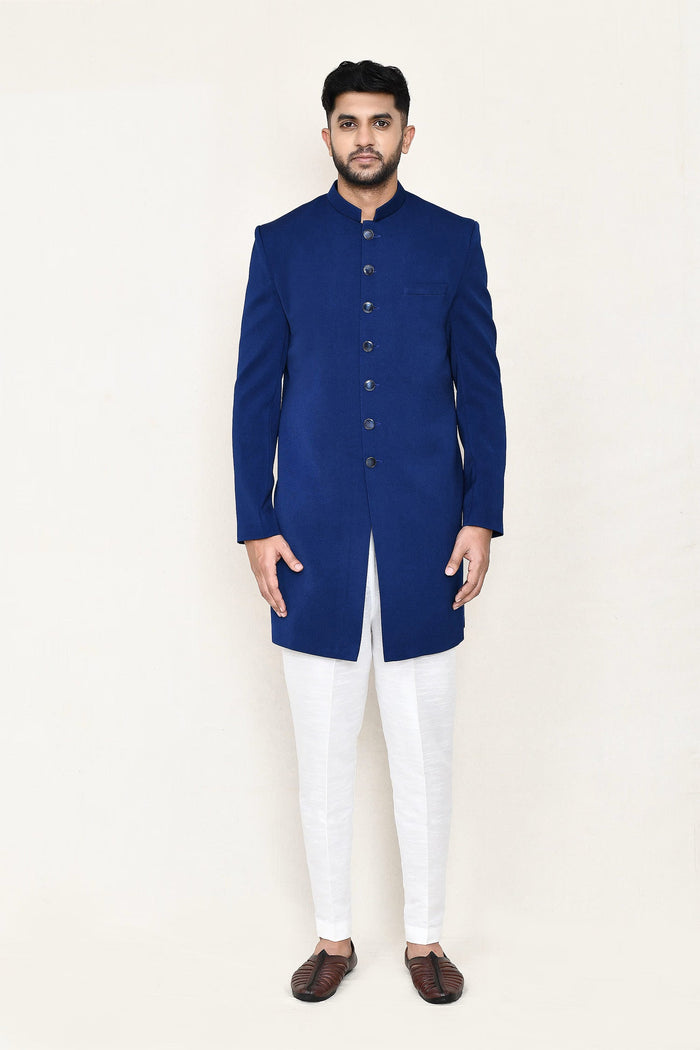 Royal Blue Jacquard Suit Set With Rayon Jacket