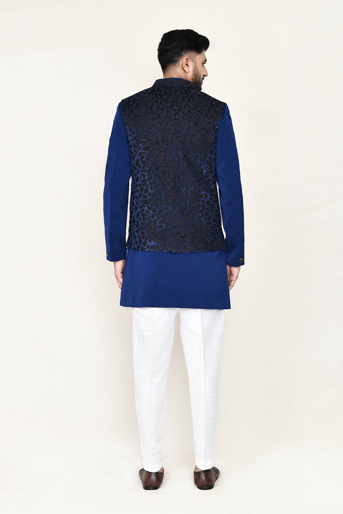 Royal Blue Jacquard Suit Set With Rayon Jacket