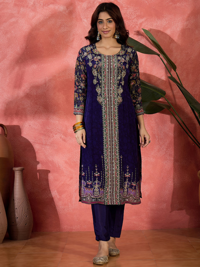 Royal Blue Silk Kurti With Floral Sleeves