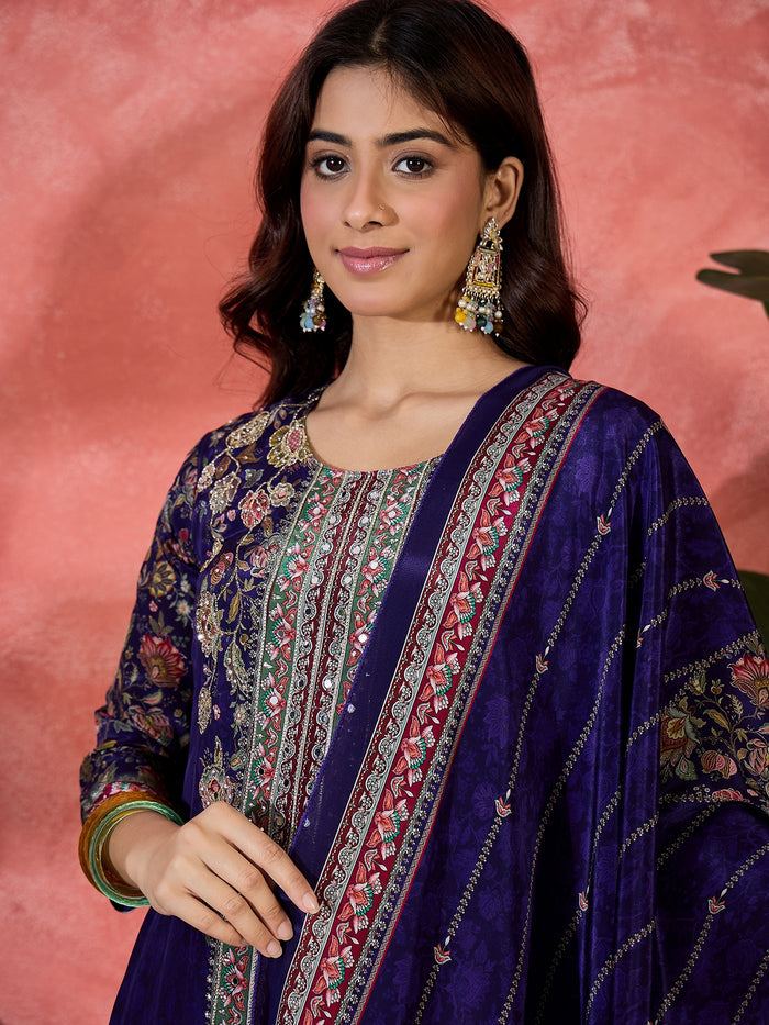 Royal Blue Silk Kurti With Floral Sleeves