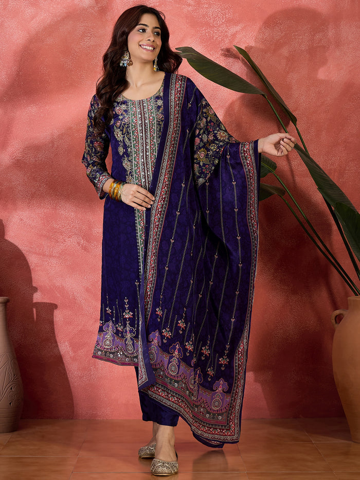 Royal Blue Silk Kurti With Floral Sleeves