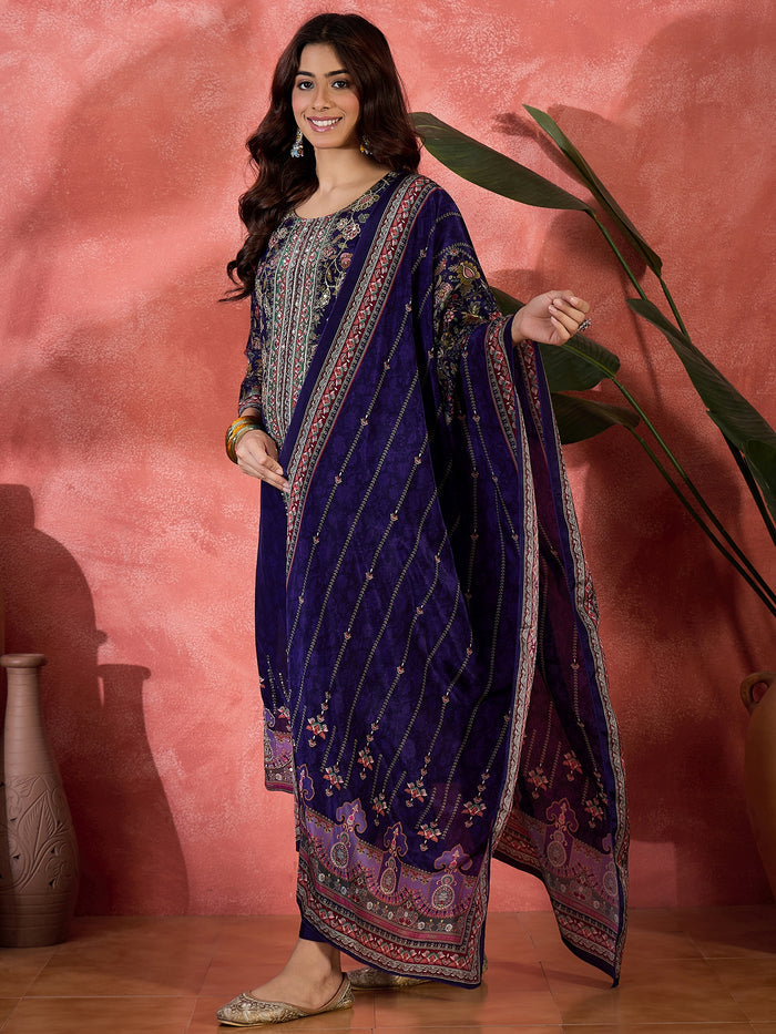 Royal Blue Silk Kurti With Floral Sleeves