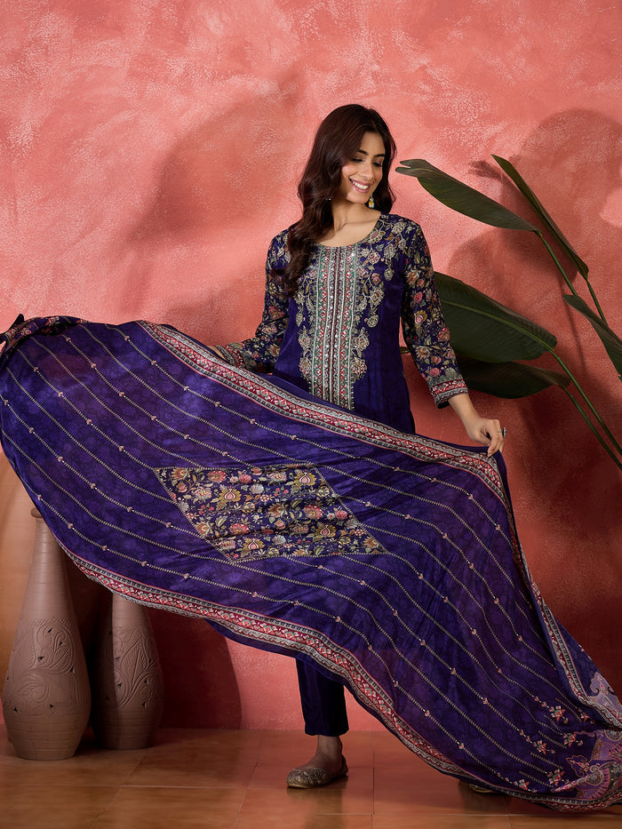 Royal Blue Silk Kurti With Floral Sleeves