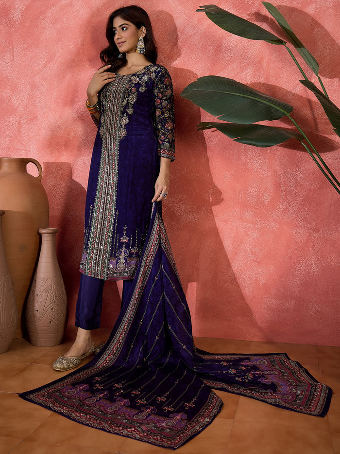 Royal Blue Silk Kurti With Floral Sleeves