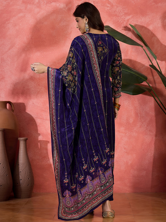 Royal Blue Silk Kurti With Floral Sleeves