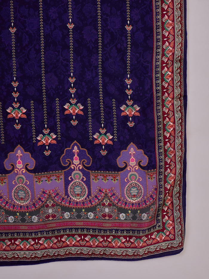 Royal Blue Silk Kurti With Floral Sleeves