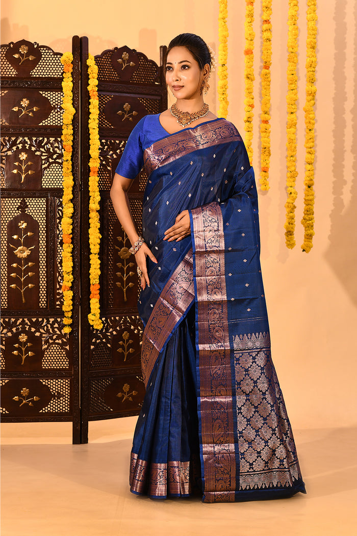 Royal Blue With Gold Zari Butti And Copper Zari Border Kanjivaram Silk Saree