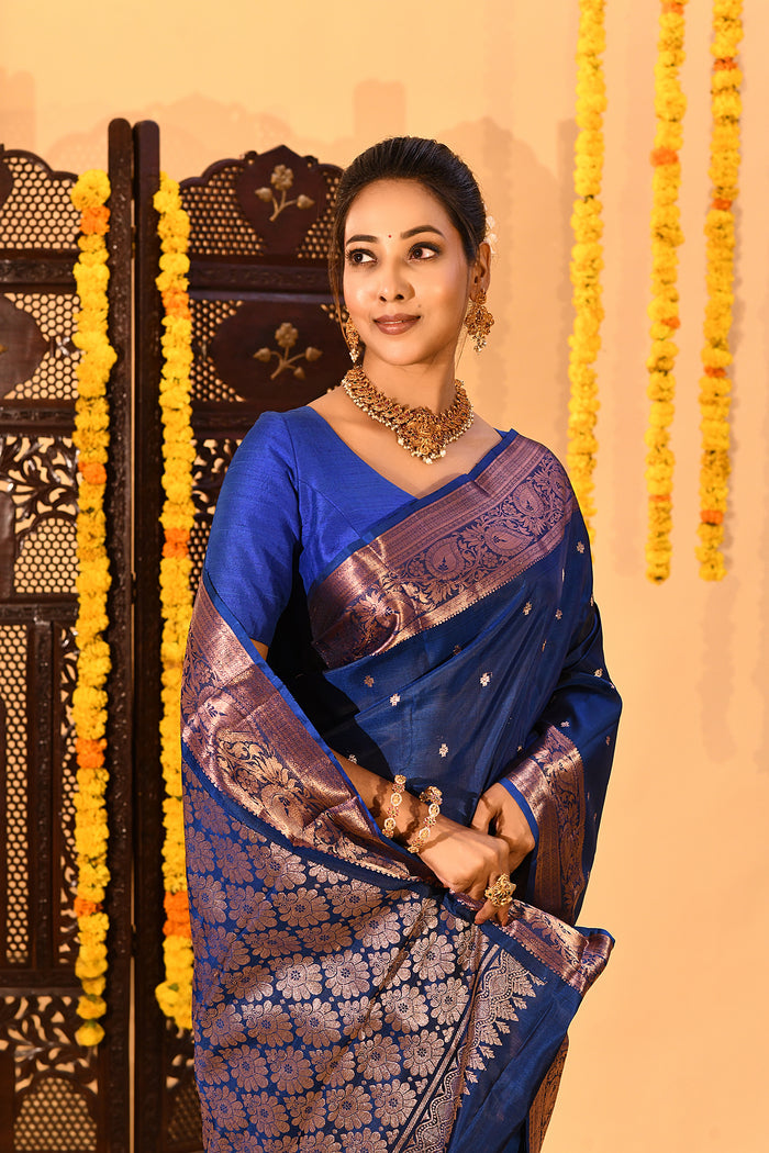 Royal Blue With Gold Zari Butti And Copper Zari Border Kanjivaram Silk Saree