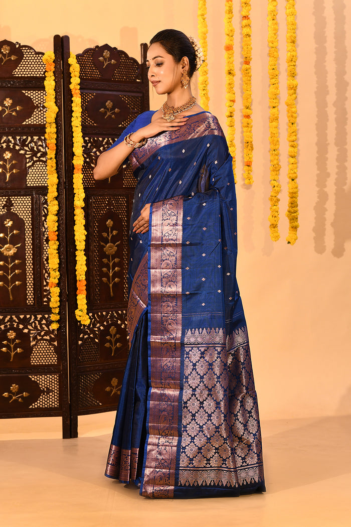 Royal Blue With Gold Zari Butti And Copper Zari Border Kanjivaram Silk Saree