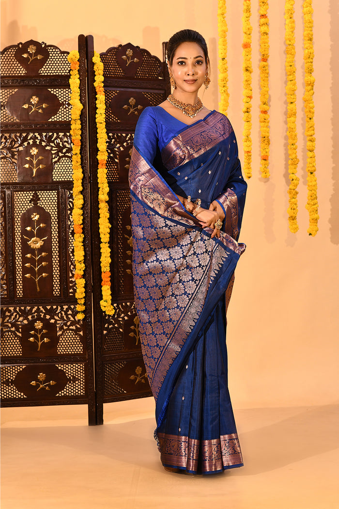 Royal Blue With Gold Zari Butti And Copper Zari Border Kanjivaram Silk Saree