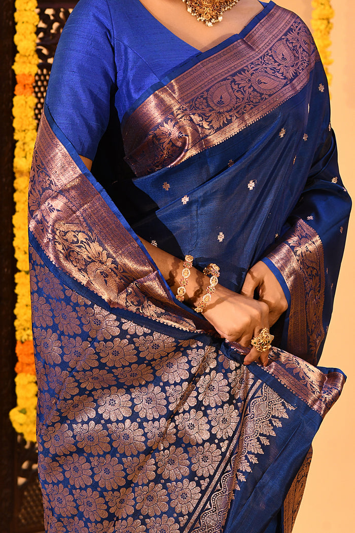 Royal Blue With Gold Zari Butti And Copper Zari Border Kanjivaram Silk Saree