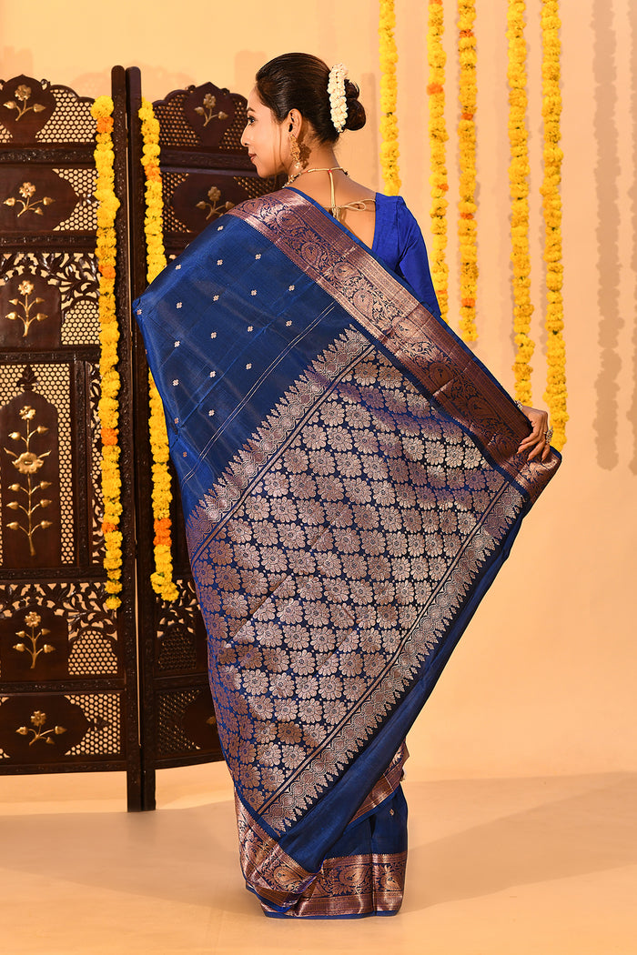 Royal Blue With Gold Zari Butti And Copper Zari Border Kanjivaram Silk Saree