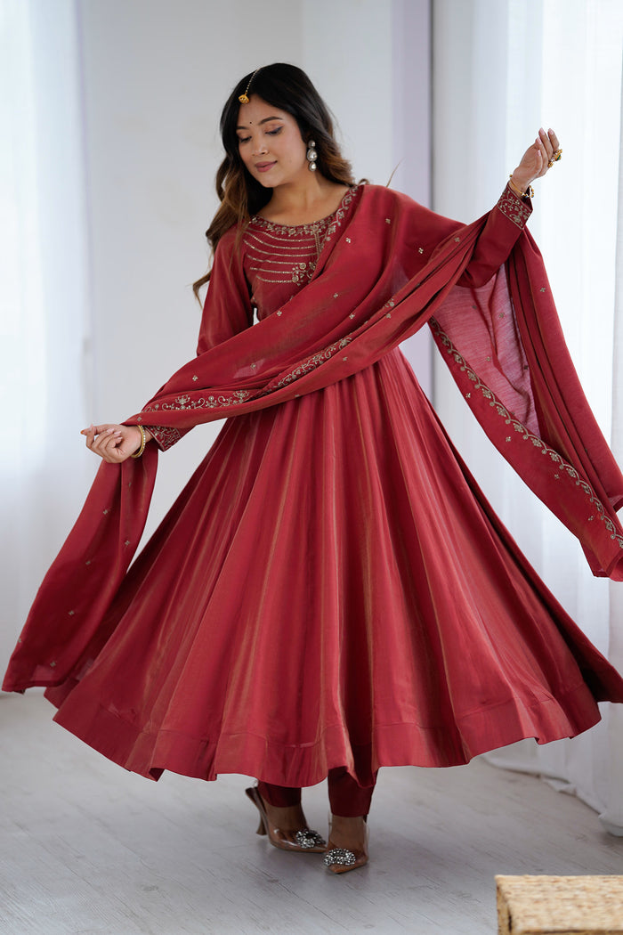 Royal Maroon Chanderi Embroidered Anarkali Set
