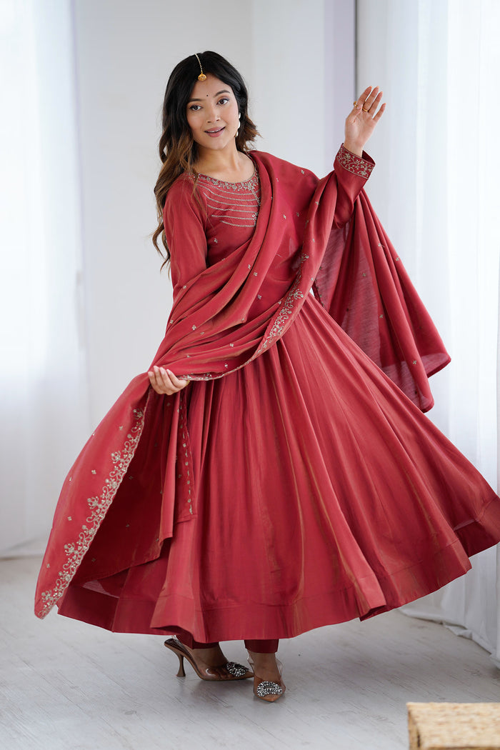 Royal Maroon Chanderi Embroidered Anarkali Set