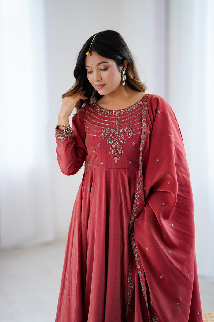 Royal Maroon Chanderi Embroidered Anarkali Set